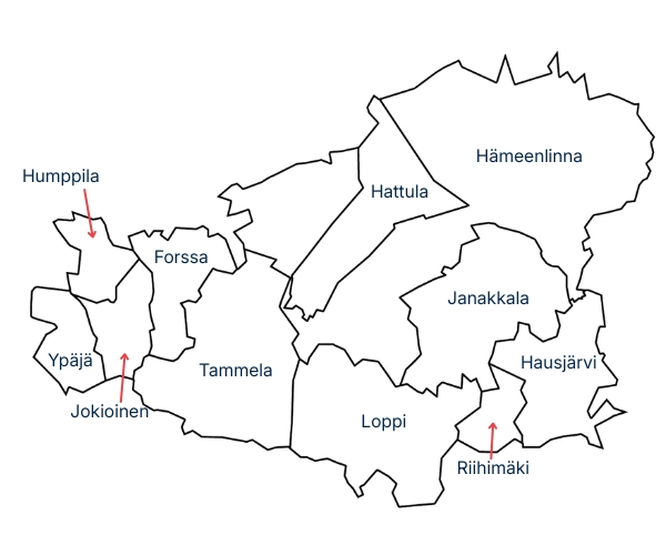 kanta-hämeen kartta, kuntarajata, kanta-hämeen kunnat